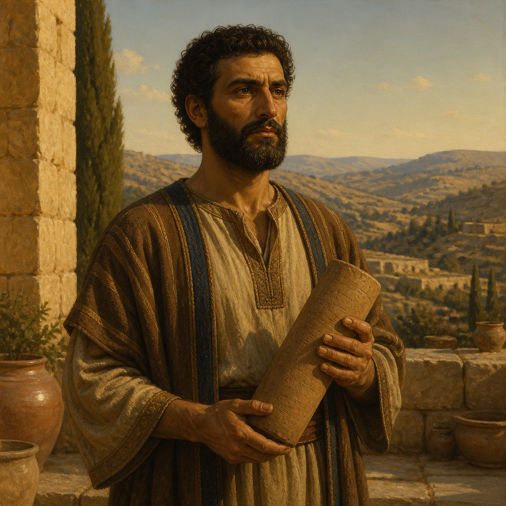 Oil-painting style portrait of Ahaz, Descendant of Saul, Benjamite descendant of King Saul and Jonathan who preserved the royal family line
