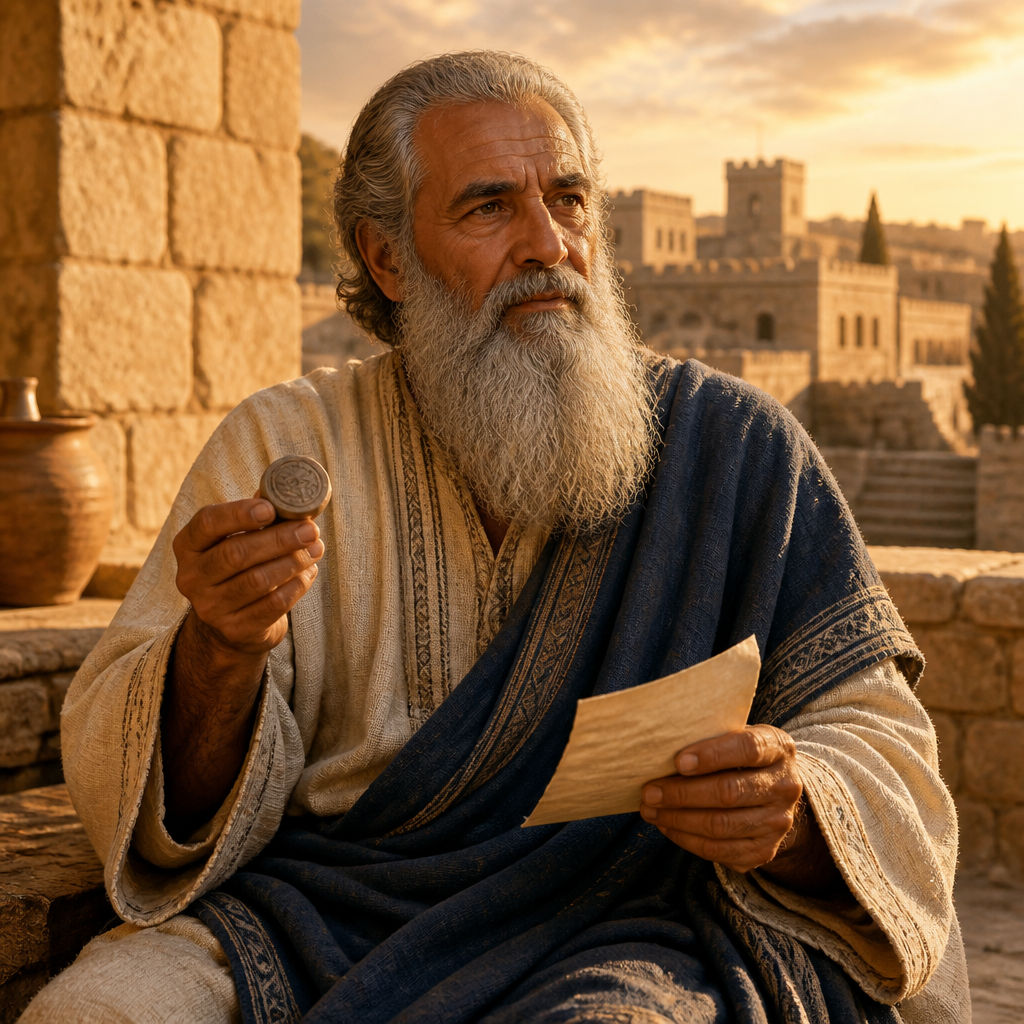 Oil-painting style portrait of Ahilud, Father of Jehoshaphat the recorder and Baana the governor