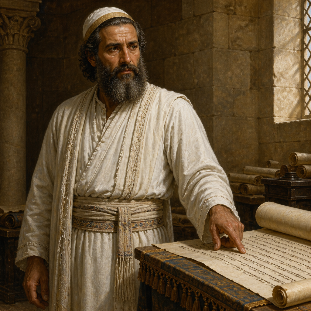 Oil-painting style portrait of Ahimelech, Son of Abiathar, Priest who assisted King David in organizing the divisions of the sanctuary service