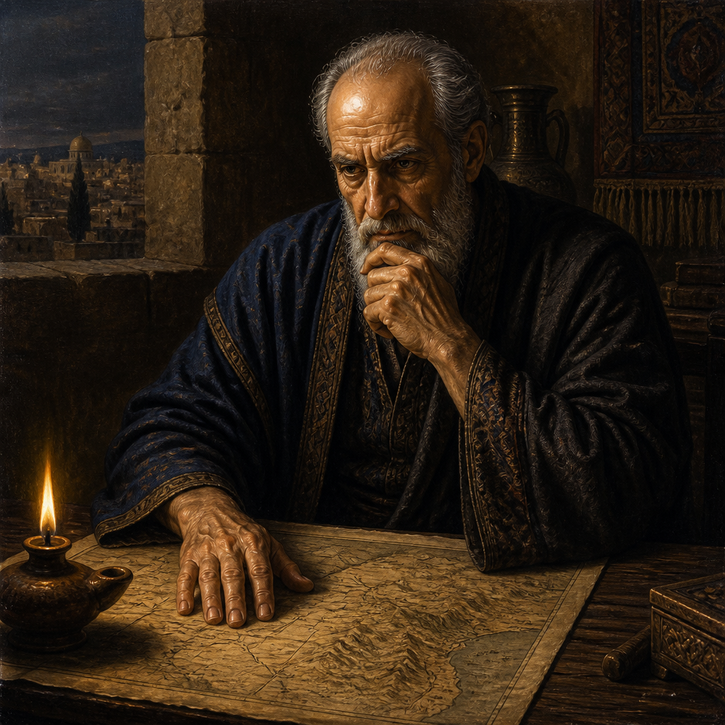 Oil-painting style portrait of Ahithophel, Counselor to King David who betrayed him to join Absalom's rebellion