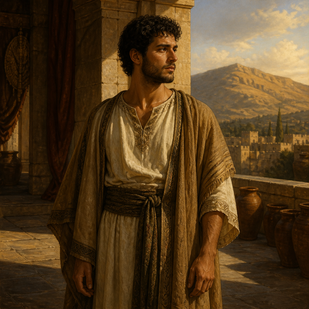 Oil-painting style portrait of Armoni, Son of Saul who was executed to atone for his father's sins against the Gibeonites