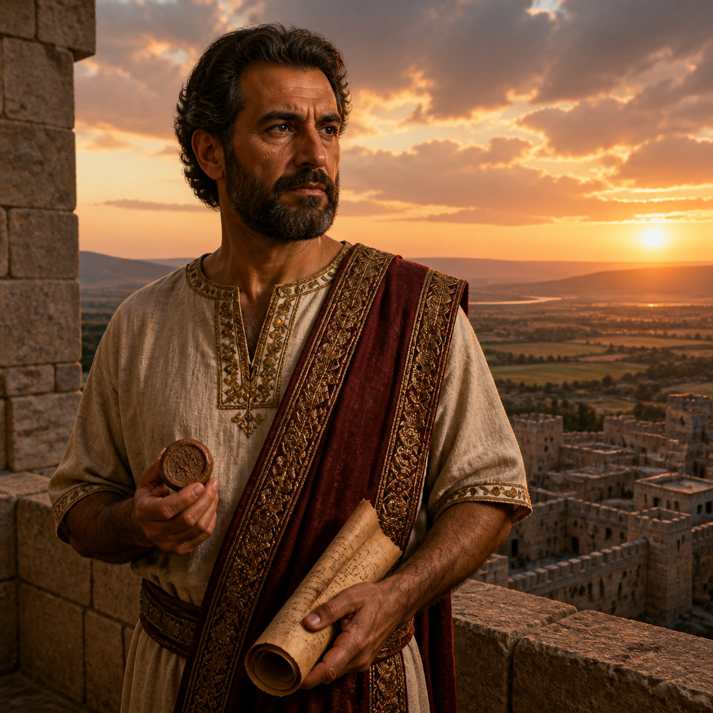 Oil-painting style portrait of Baana, Son of Ahilud, Regional governor under King Solomon who administered Megiddo and Taanach