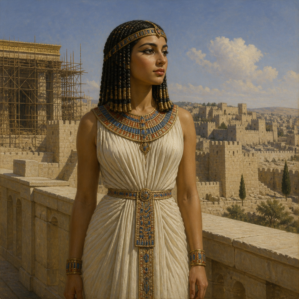 Oil-painting style portrait of Daughter of Pharaoh, Wife of Solomon, Egyptian princess who married King Solomon to seal a political alliance