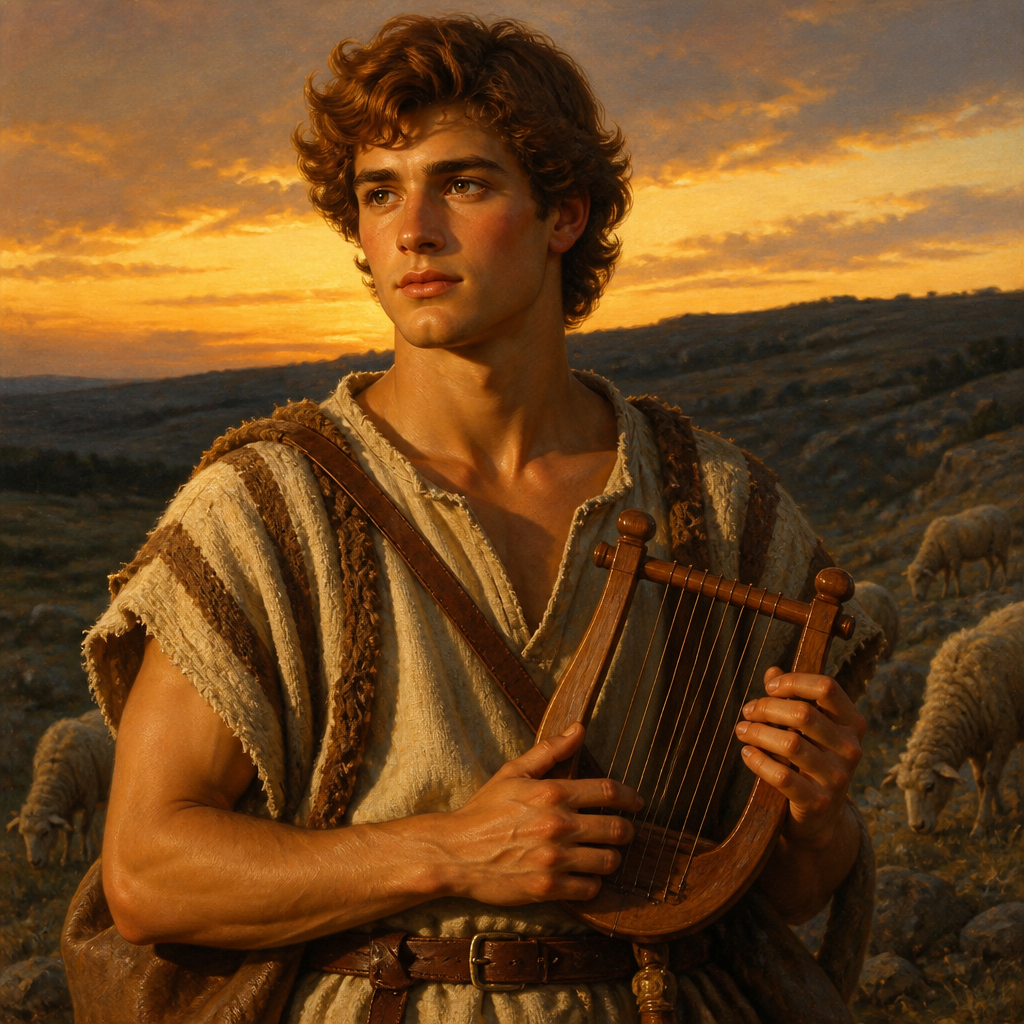 Oil-painting style portrait of David, King of Israel who defeated Goliath and established the Davidic dynasty
