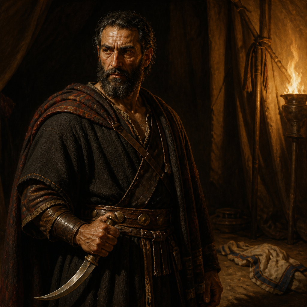 Oil-painting style portrait of Doeg, Official who murdered the priests of Nob