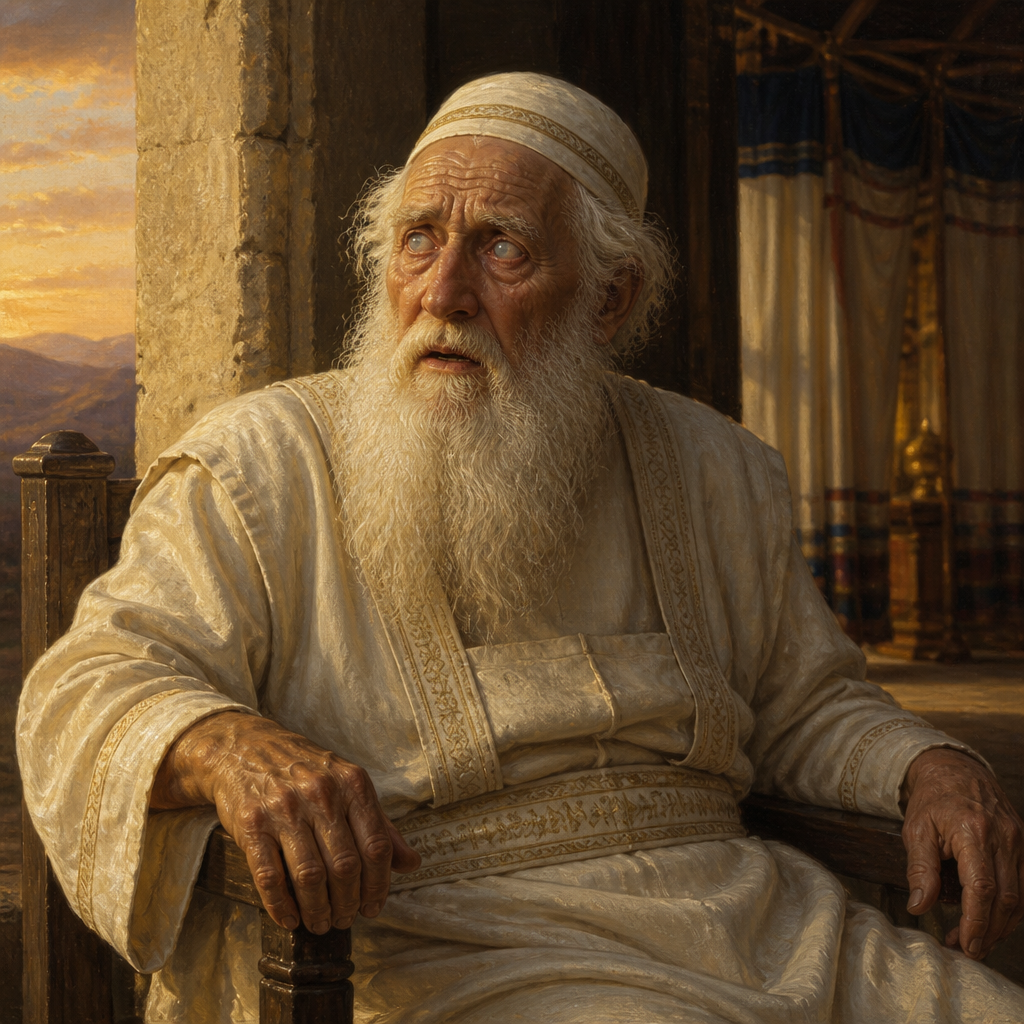 Oil-painting style portrait of Eli, High Priest at Shiloh who mentored the prophet Samuel and suffered the loss of the Ark of the Covenant