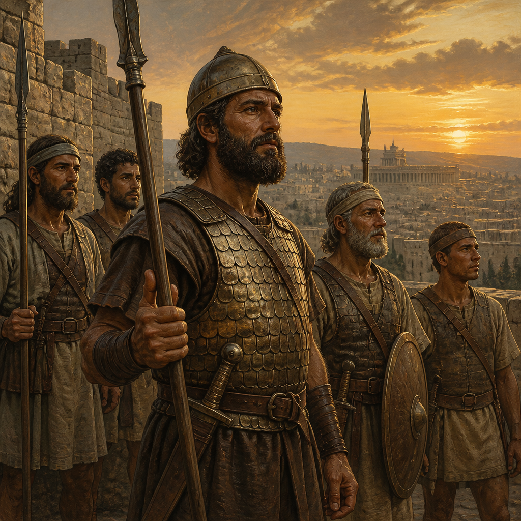 Oil-painting style scene of Gareb, figures from the Bible
