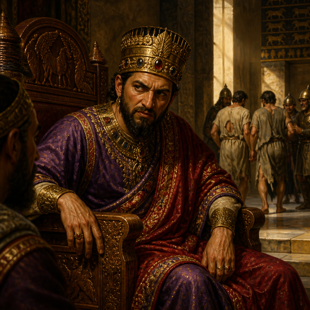 Oil-painting style portrait of Hanun, King of the Ammonites, King of Ammon who humiliated David’s ambassadors by shaving their beards and cutting their clothes
