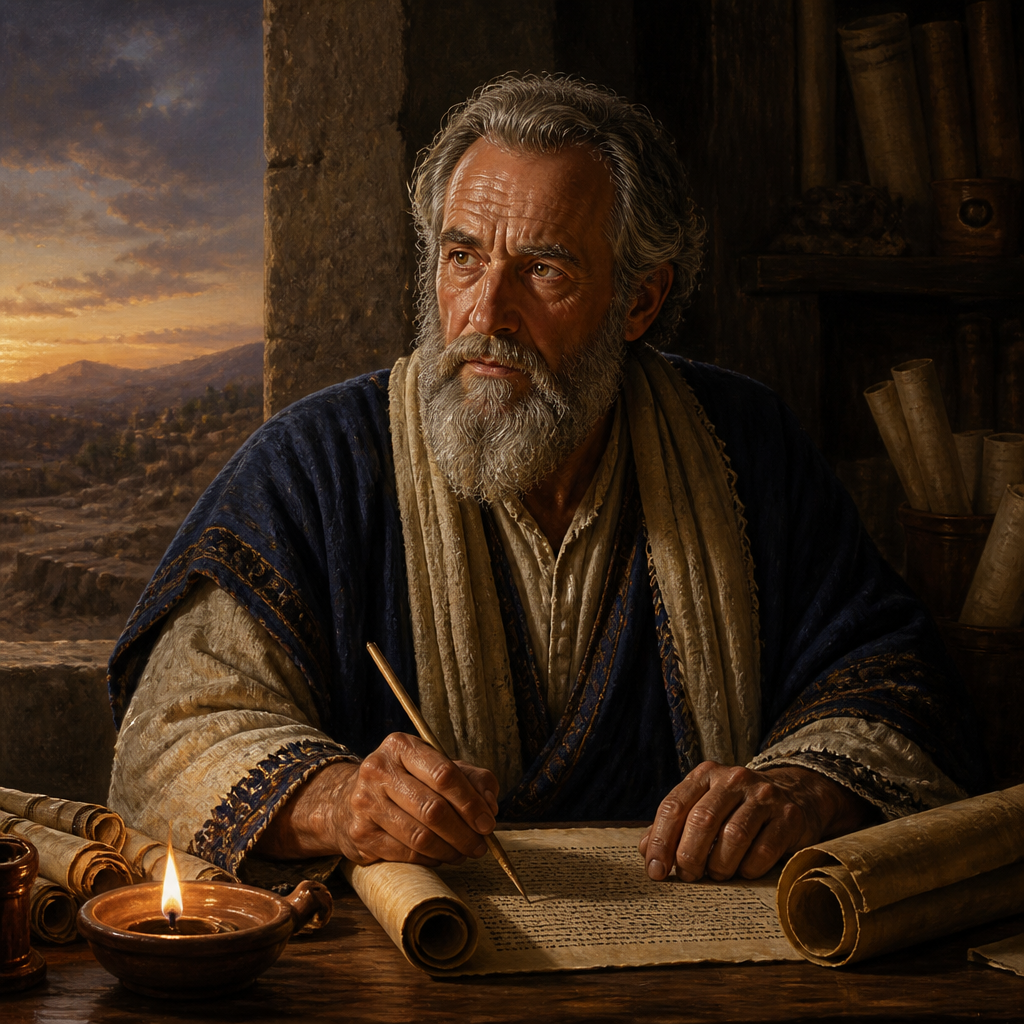 Oil-painting style portrait of Heman, Son of Mahol, Sage whose wisdom was the benchmark for King Solomon