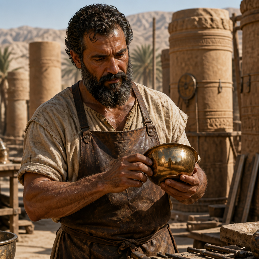 Oil-painting style portrait of Hiram, Artisan of the Temple, Master artisan who crafted the bronze pillars and vessels for Solomon's Temple