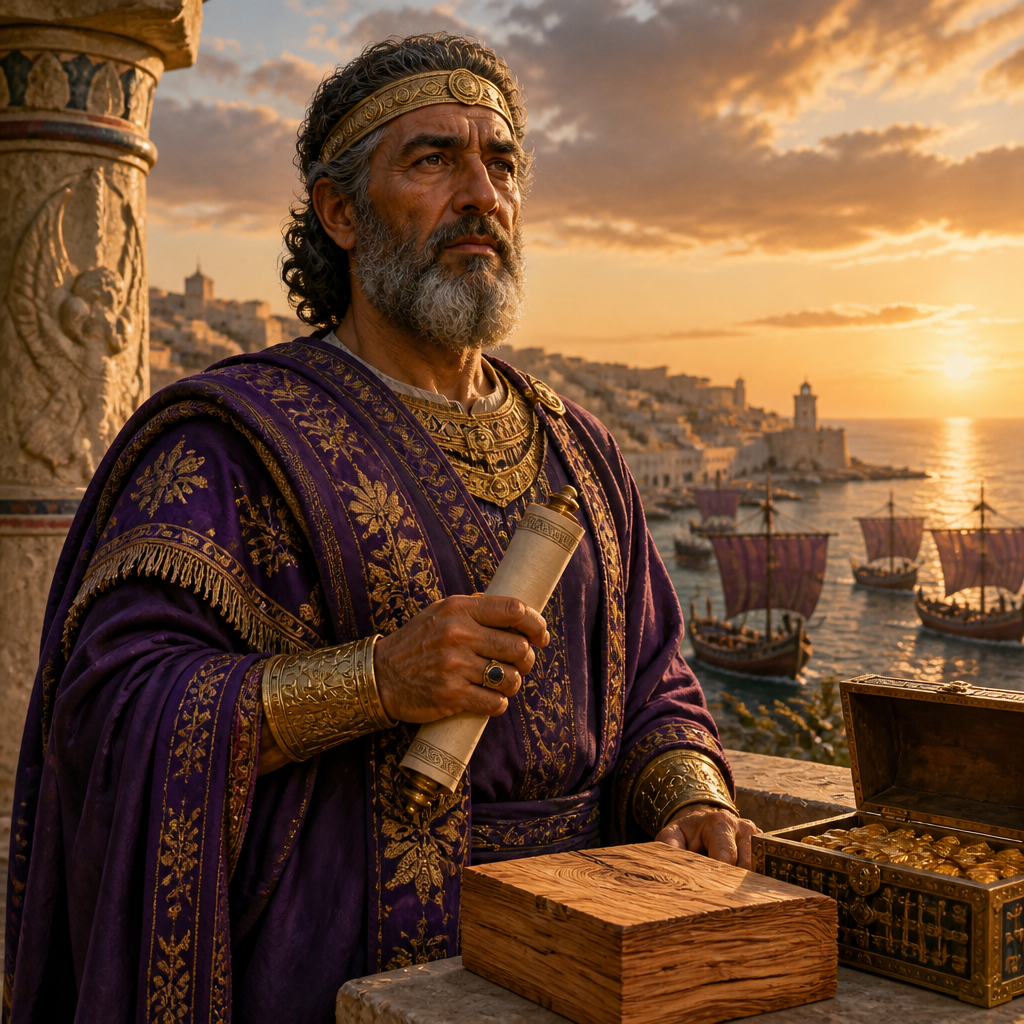 Oil-painting style portrait of Hiram, King of Tyre, King of Tyre who provided the timber and labor for Solomon's Temple
