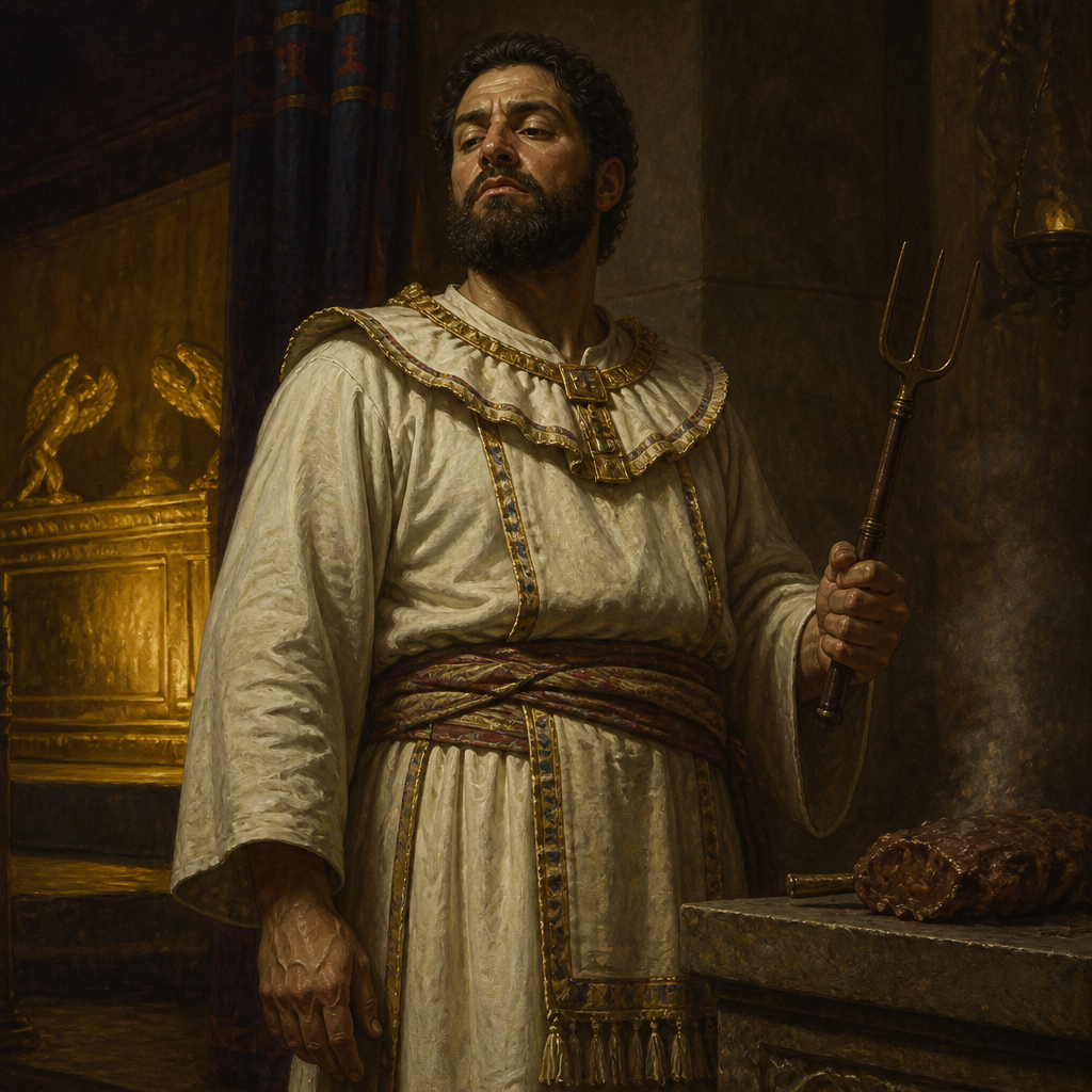 Oil-painting style portrait of Hophni, Priest of Shiloh whose corruption led to his death and the capture of the Ark