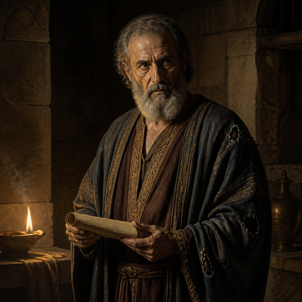 Oil-painting style portrait of Hushai, King David’s loyal counselor who served as a double agent to defeat the counsel of Ahithophel