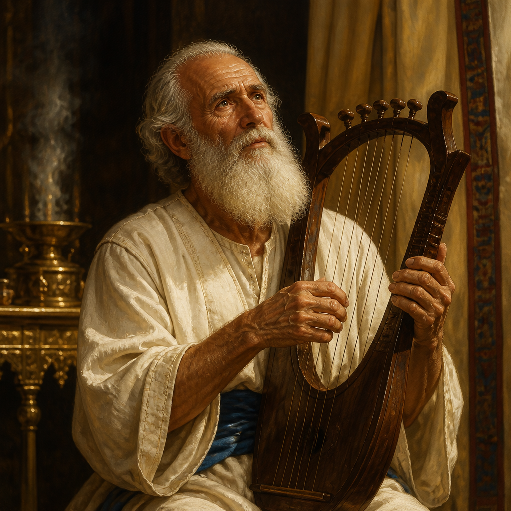 Oil-painting style portrait of Jeduthun, Chief Musician of David, Chief musician of King David who prophesied with the harp and founded a guild of Temple singers