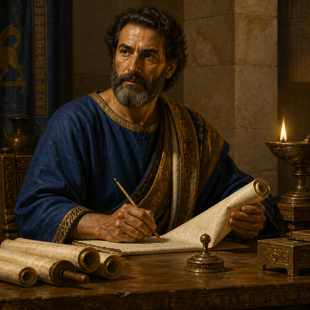 Oil-painting style portrait of Jehoshaphat, Recorder to David and Solomon, Royal recorder who served under both King David and King Solomon