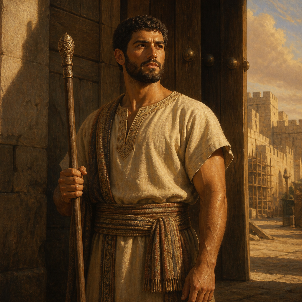 Oil-painting style portrait of Jehozabad, Son of Obed-edom, Levite gatekeeper and second son of Obed-edom who served during the reign of King David