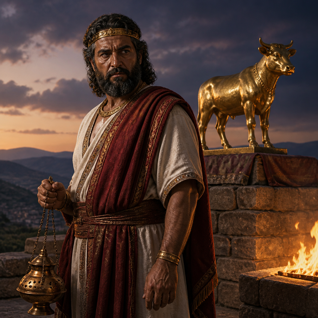 Oil-painting style portrait of Jeroboam son of Nebat, King of Israel who established the golden calf worship at Bethel and Dan