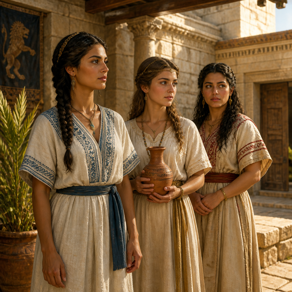 Oil-painting style scene of Jerusalem Wives of David, figures from the Bible