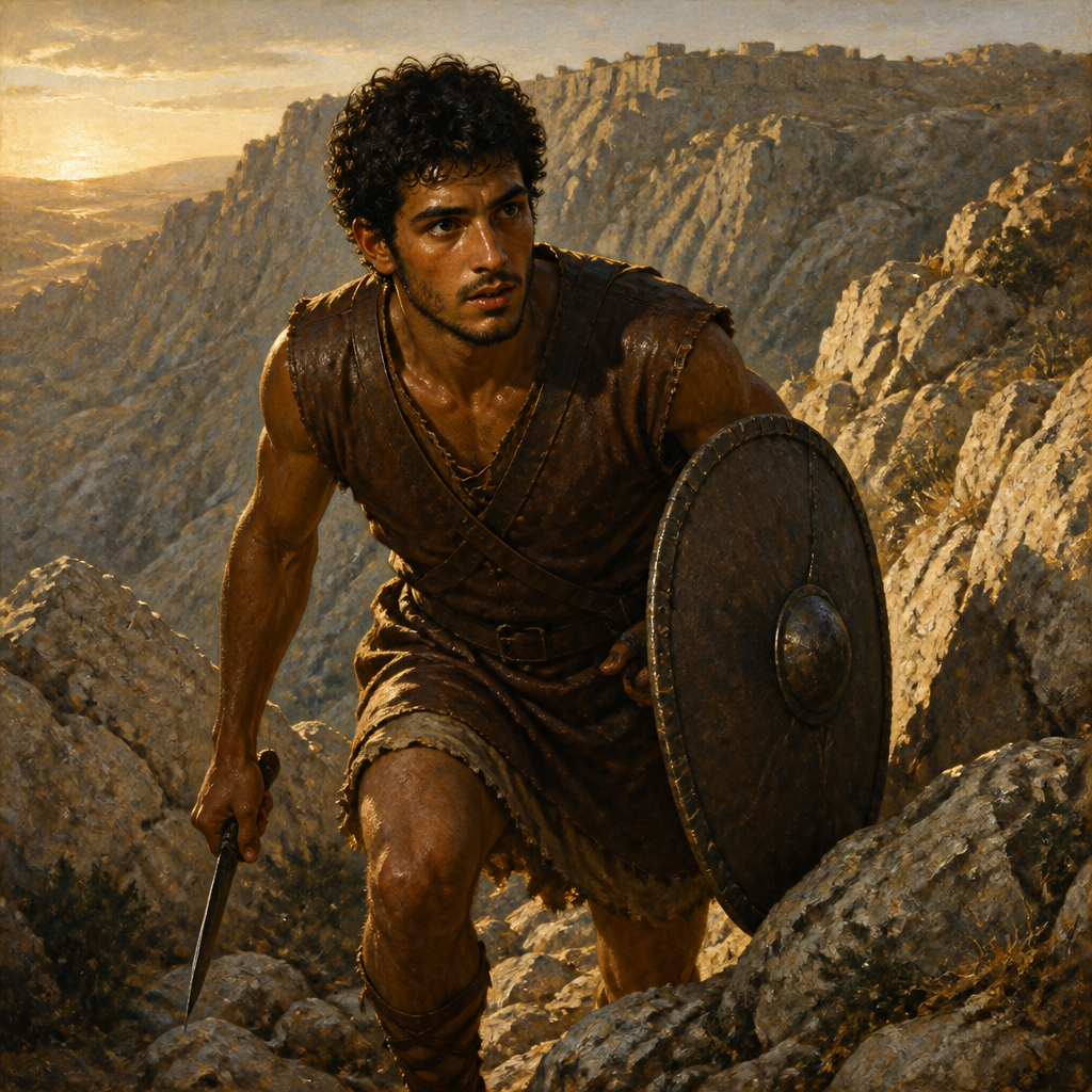 Oil-painting style portrait of Jonathan's Armor-Bearer, Young warrior who accompanied Jonathan in the daring two-man assault on the Philistine outpost at Michmash