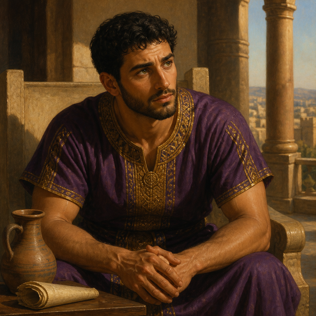 Oil-painting style portrait of Lemuel, King who recorded the moral instructions and warnings against alcohol given to him by his mother