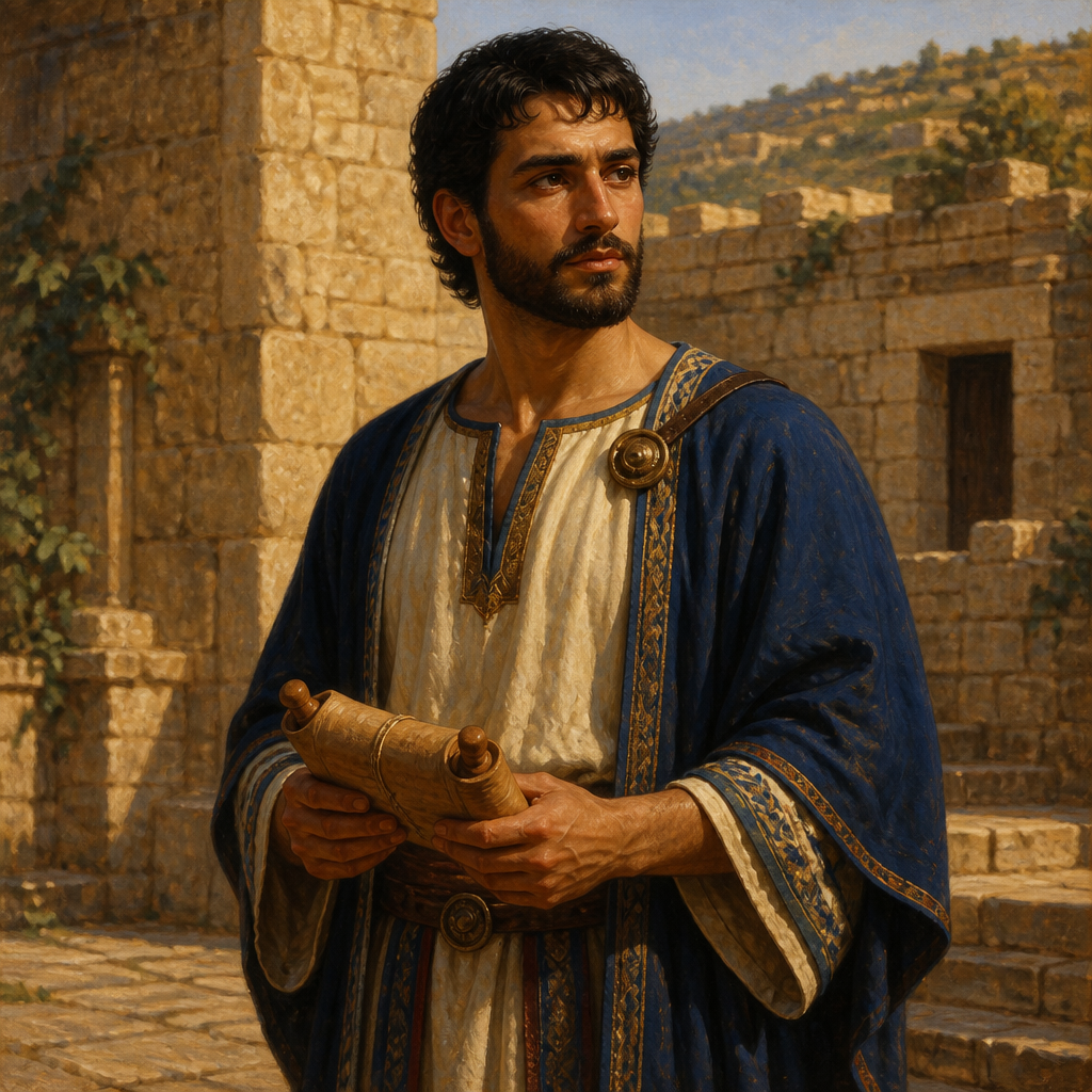 Oil-painting style portrait of Melech, great-grandson of King Saul and son of Micah mentioned in the genealogies of Benjamin