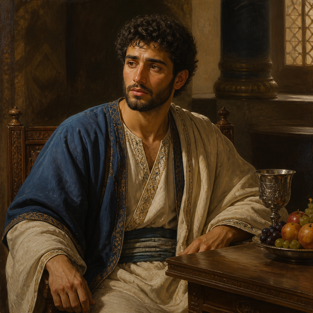 Oil-painting style portrait of Mephibosheth, Son of Jonathan, Son of Jonathan who was granted a place at King David's table despite being from the house of Saul