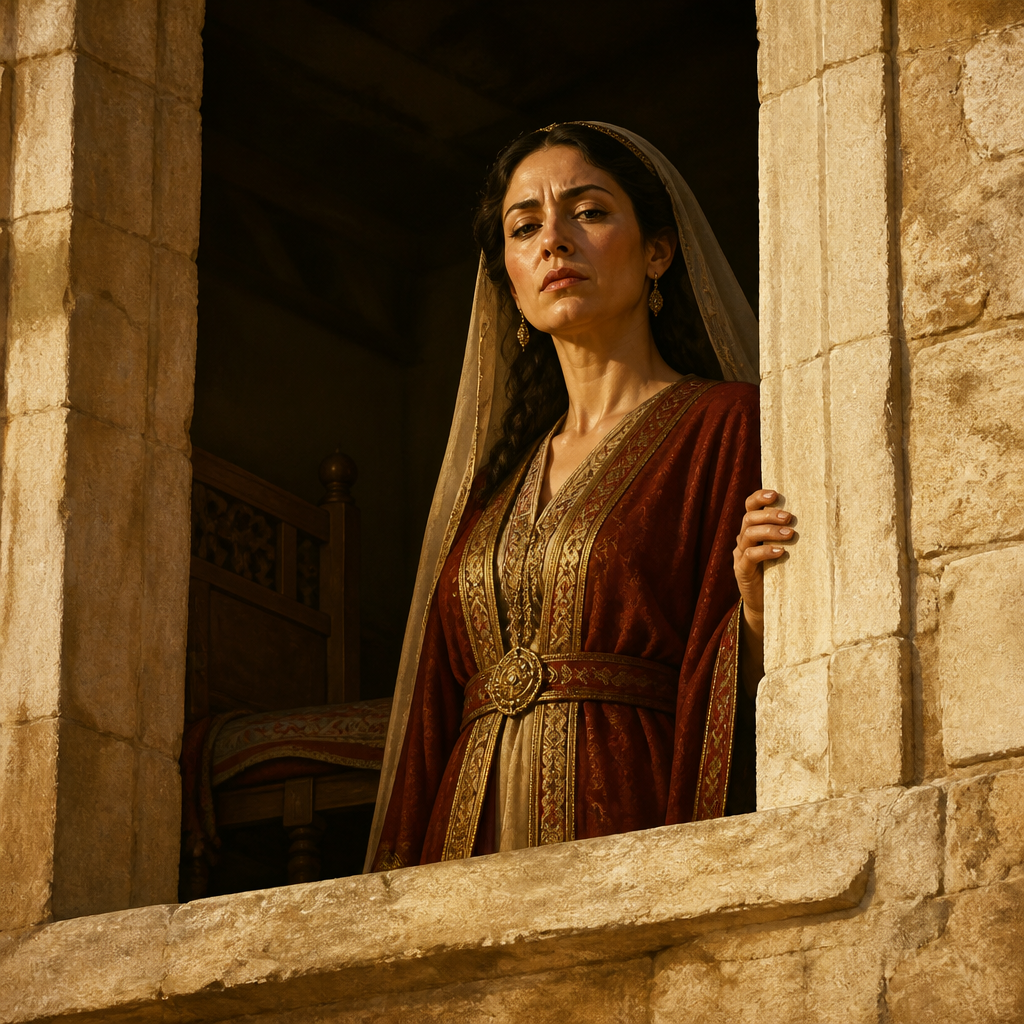 Oil-painting style portrait of Michal, Daughter of Saul who loved David and saved his life but later despised his worship