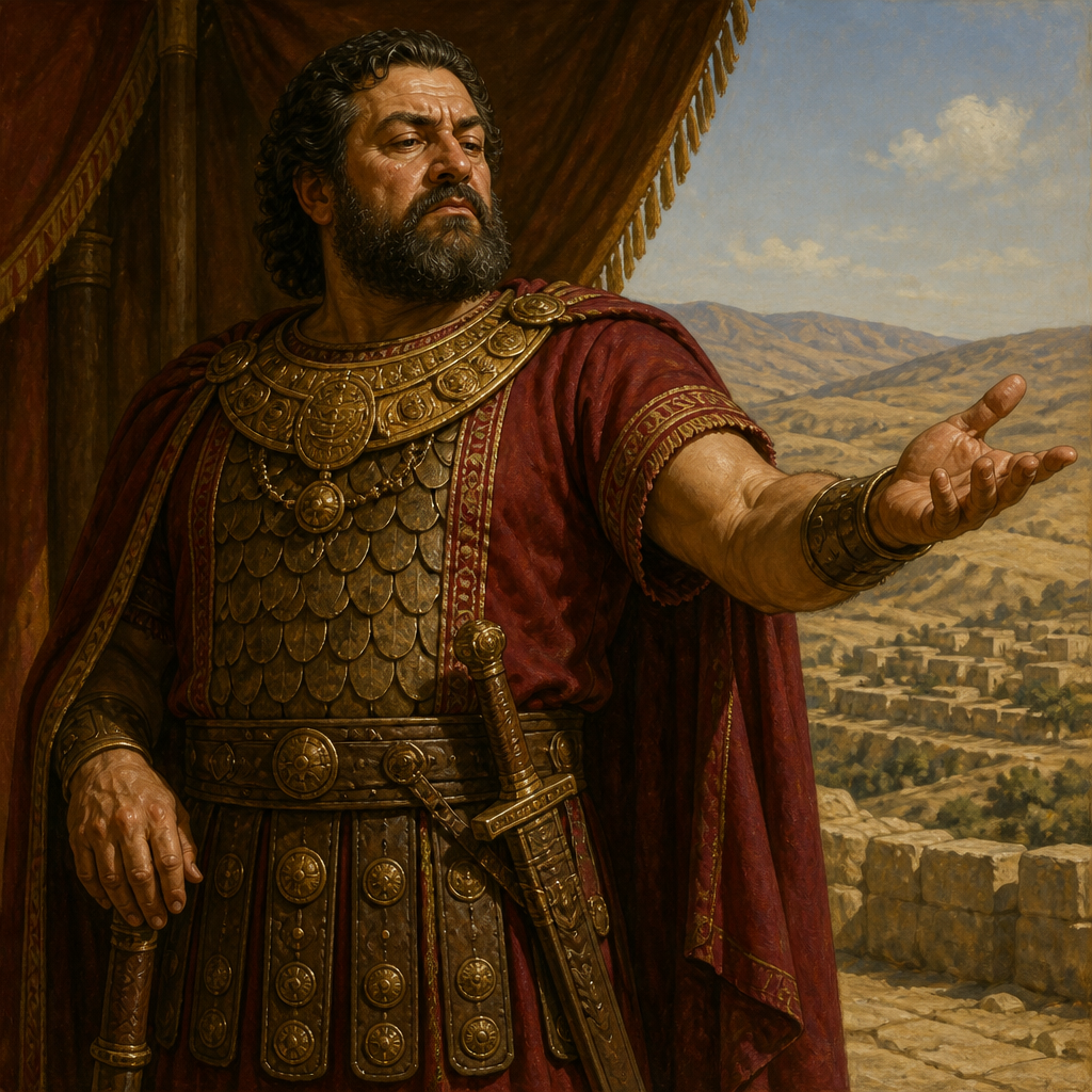 Oil-painting style portrait of Nahash the Ammonite (1 Samuel 11), King of the Ammonites who besieged Jabesh-gilead and demanded the right eyes of its inhabitants