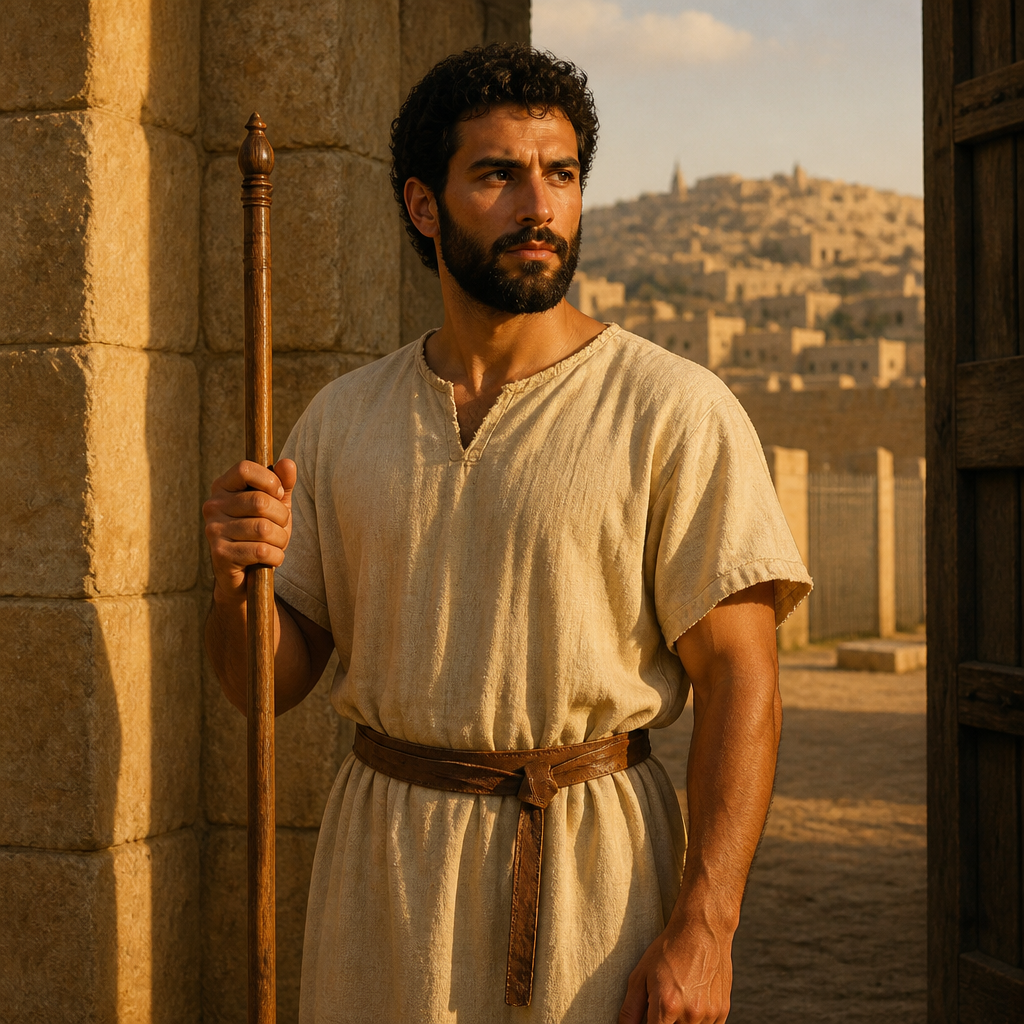Oil-painting style portrait of Nethanel, Son of Obed-edom, fifth son of Obed-edom who served as a Tabernacle gatekeeper