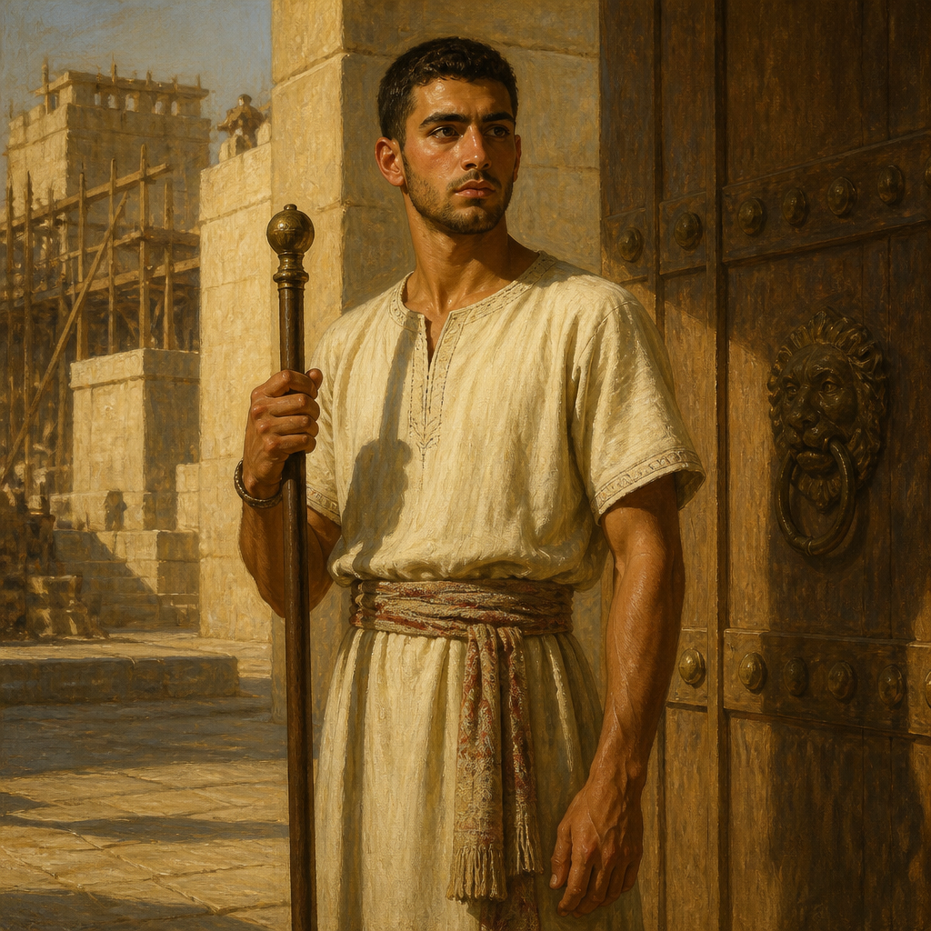 Oil-painting style portrait of Peullethai, Eighth son of Obed-edom and Levite gatekeeper during the reign of David