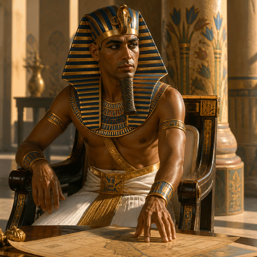 Oil-painting style portrait of Pharaoh, Father-in-law of Solomon, Egyptian monarch who formed a marriage alliance with Solomon and gifted him the city of Gezer