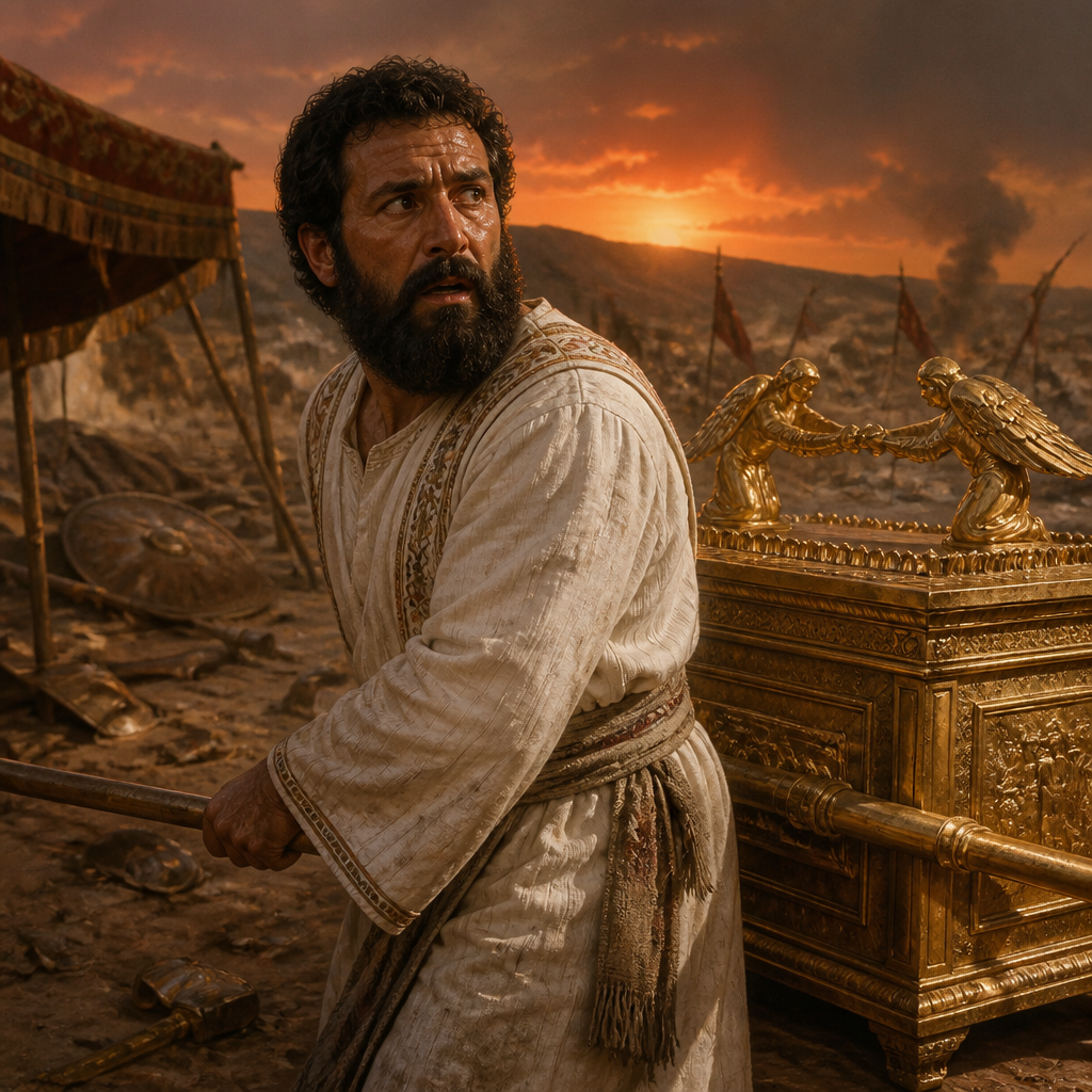 Oil-painting style portrait of Phinehas, Son of Eli, Priest of Shiloh whose death fulfilled a prophecy of judgment against the house of Eli