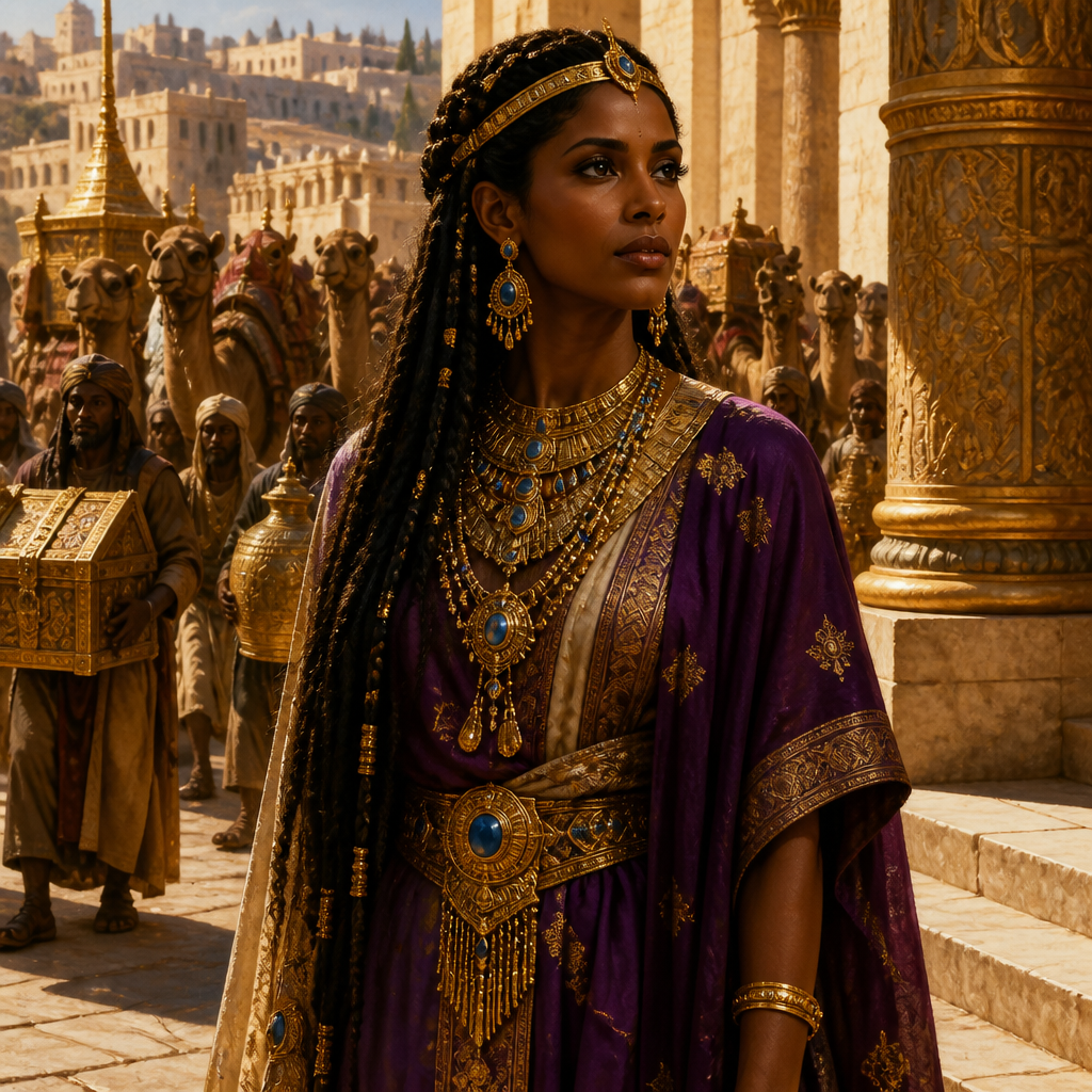 Oil-painting style portrait of Queen of Sheba, Queen who traveled from a distant land to test Solomon's wisdom