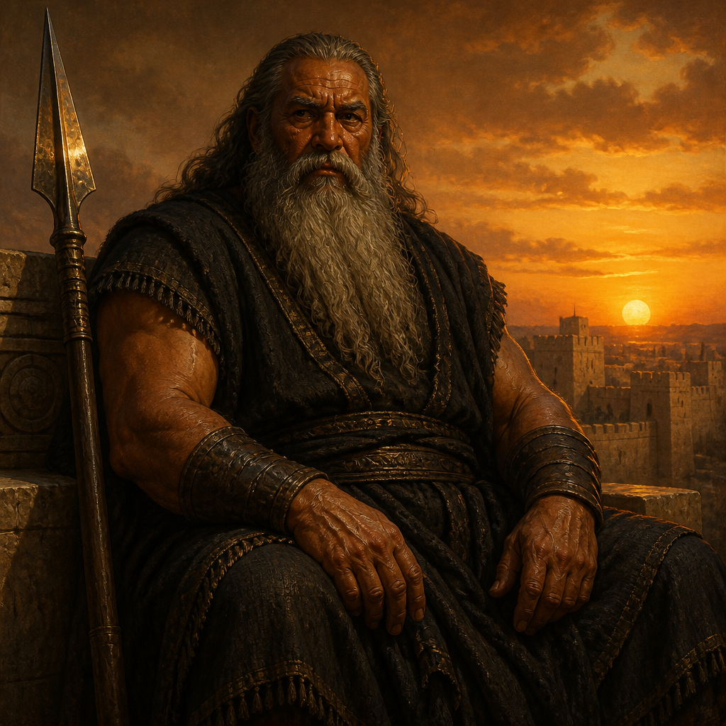 Oil-painting style portrait of Rapha, Patriarch of the giants of Gath who fought against King David
