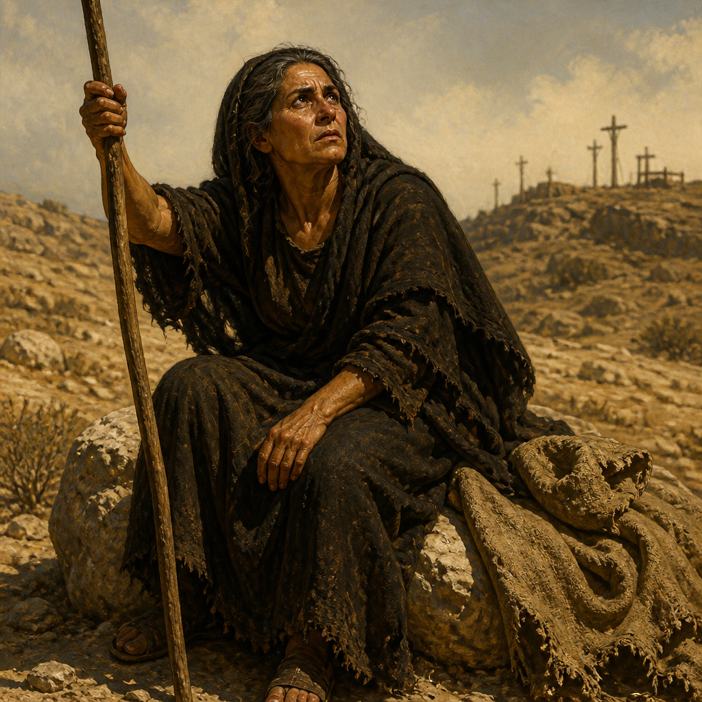 Oil-painting style portrait of Rizpah, Concubine of Saul who protected the bodies of her executed sons from scavengers