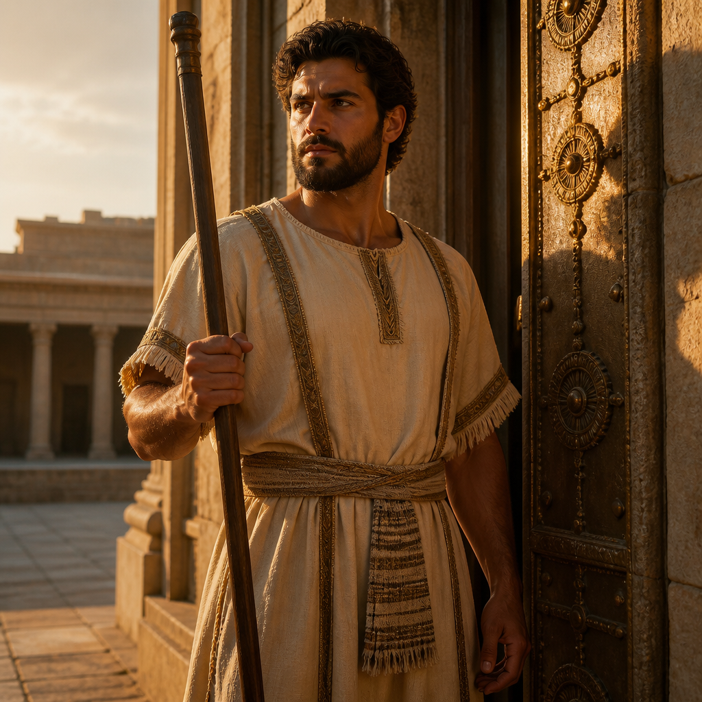 Oil-painting style portrait of Sachar, Levite gatekeeper who was the fourth son of Obed-edom