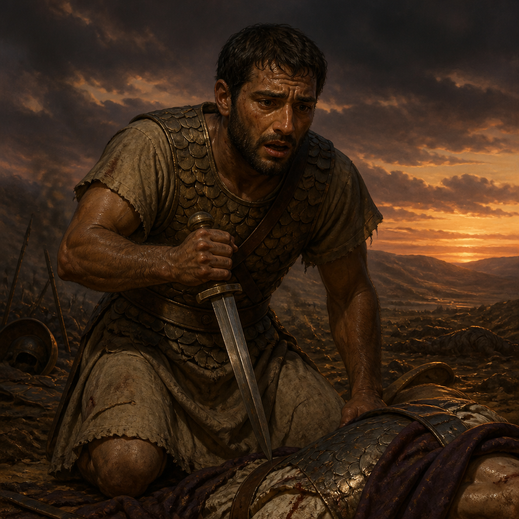 Oil-painting style portrait of Saul's Armor-Bearer, Official who died by suicide alongside King Saul at the Battle of Mount Gilboa
