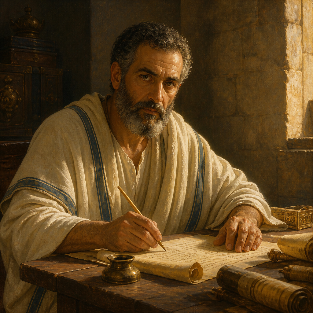 Oil-painting style portrait of Seraiah the Scribe, Royal scribe and high official under King David and father of Solomon's secretaries