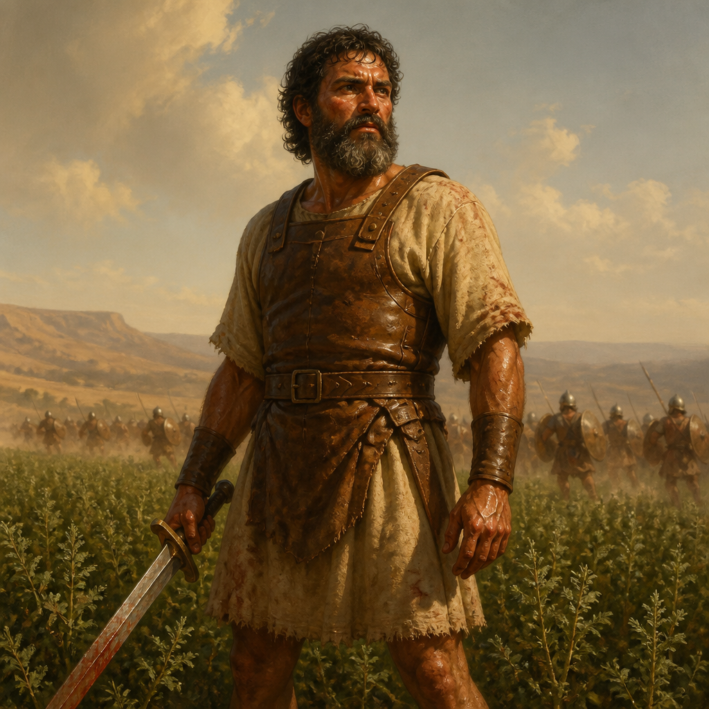 Oil-painting style portrait of Shammah, Son of Agee, Elite warrior of King David who single-handedly defended a lentil field against the Philistines