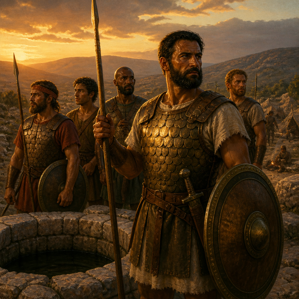 Oil-painting style scene of Shammah the Harodite, figures from the Bible