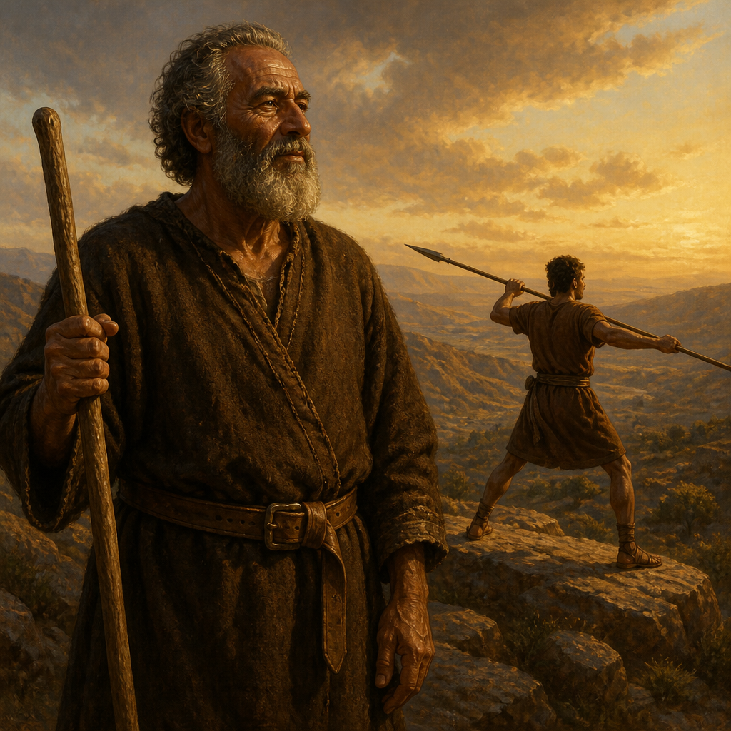 Oil-painting style scene of Shammah, Father of Jonathan, figures from the Bible