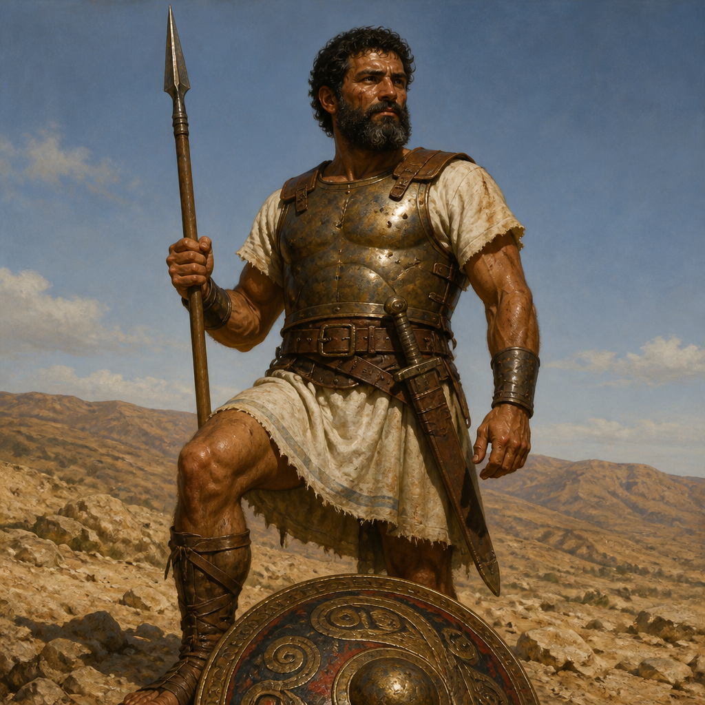 Oil-painting style portrait of Sibbecai, Elite warrior who killed the giant Saph during the Philistine wars