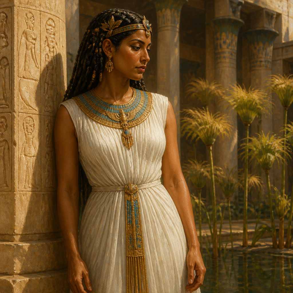 Oil-painting style portrait of Tahpenes, Queen of Egypt who weaned the Edomite prince Genubath in the royal palace
