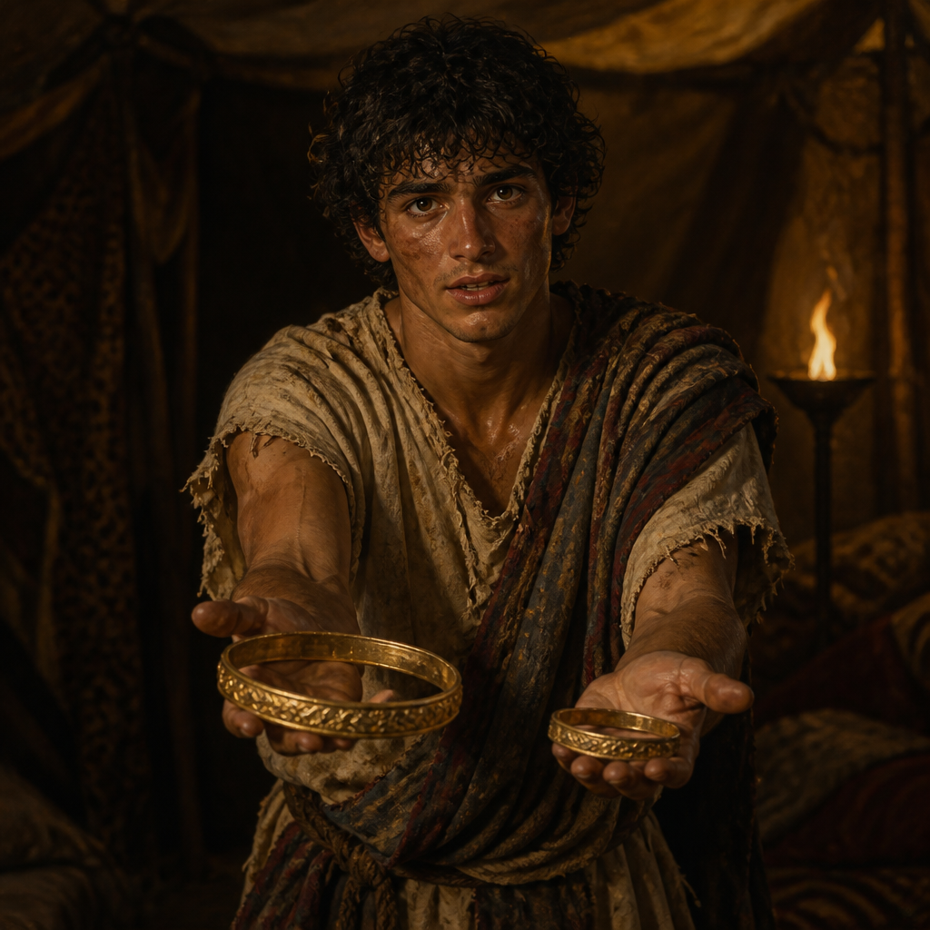 Oil-painting style portrait of The Amalekite Who Claimed to Kill Saul, Young man who brought Saul’s crown to David and claimed responsibility for Saul's death