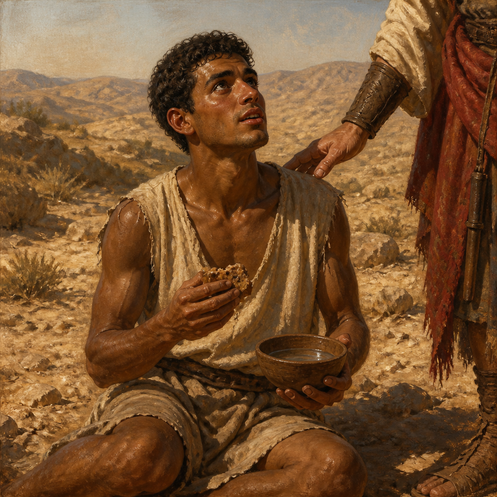 Oil-painting style portrait of The Egyptian Servant in the Amalekite Camp, Egyptian slave who led David to the Amalekite camp after being abandoned by his master