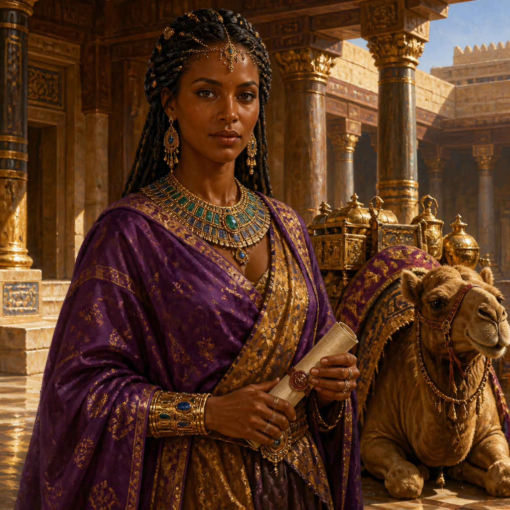 Oil-painting style portrait of The Queen of Sheba, Queen who visited Solomon to test his wisdom with hard questions