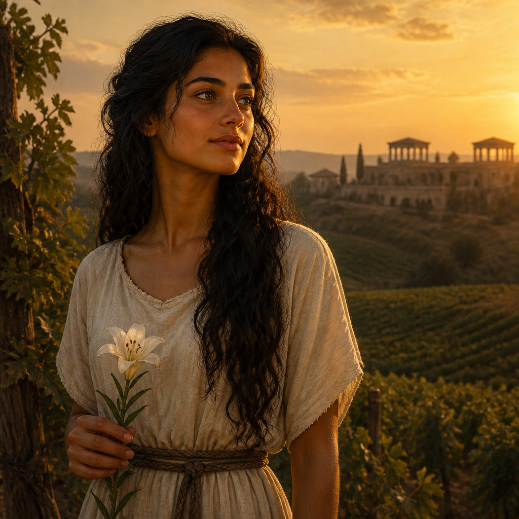 Oil-painting style portrait of The Shulammite, Female protagonist of the Song of Solomon known for her beauty and devotion