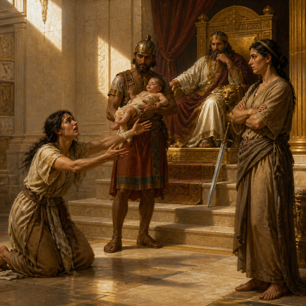Oil-painting style portrait of The Two Mothers Before Solomon, Two women who brought a dispute over a living child to King Solomon