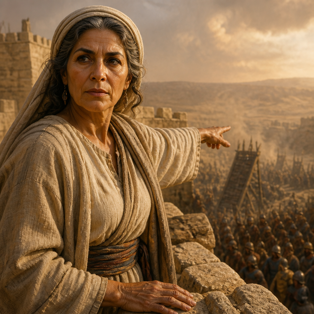 Oil-painting style portrait of The Wise Woman of Abel, Wise woman who saved her city by negotiating with Joab and arranging the execution of the rebel Sheba