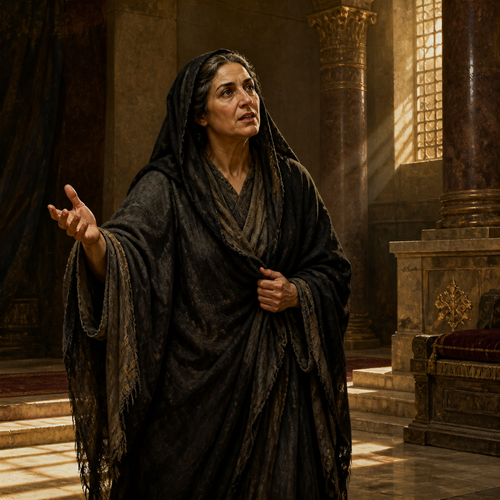 Oil-painting style illustration of The Wise Woman of Tekoa, a character in one of Jesus' parables